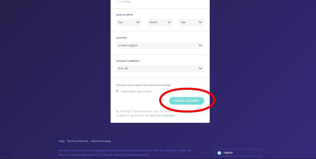 Entropay screenshot displaying details required when registering 3